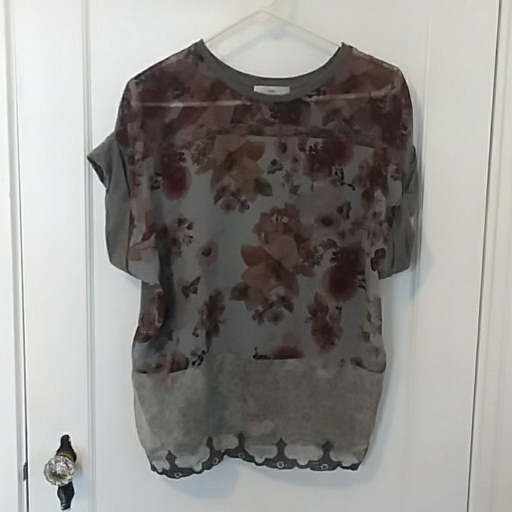 Zara W&B | Grey Floral Print Shirt with Lace Hem